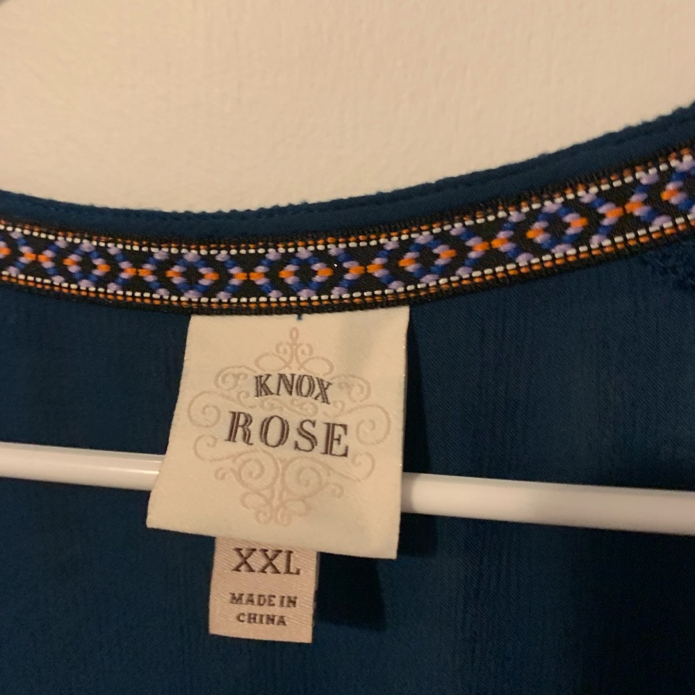 Knox Rose Gauze, blue dress with peach/pink "Aztec" embroidery, Size XXL - Picture 3 of 6